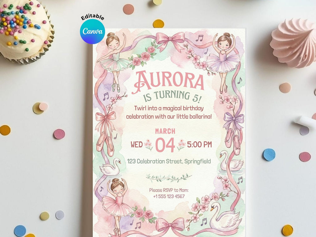 Ballerina Watercolor Invitation – Editable Canva Template – Share or Printable 5x7 – Instant Download