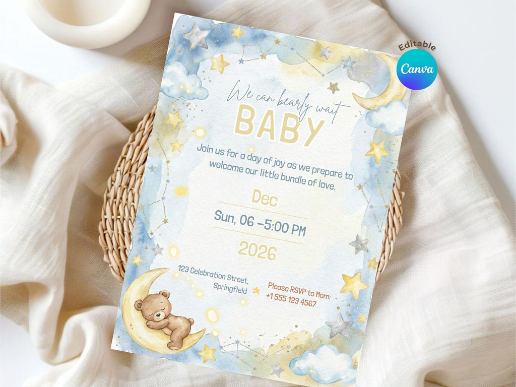Teddy Bear in the Clouds Baby Shower Invitation – Watercolor Plane Theme – Editable Canva Template – Share or Printable 5x7 – Instant Download