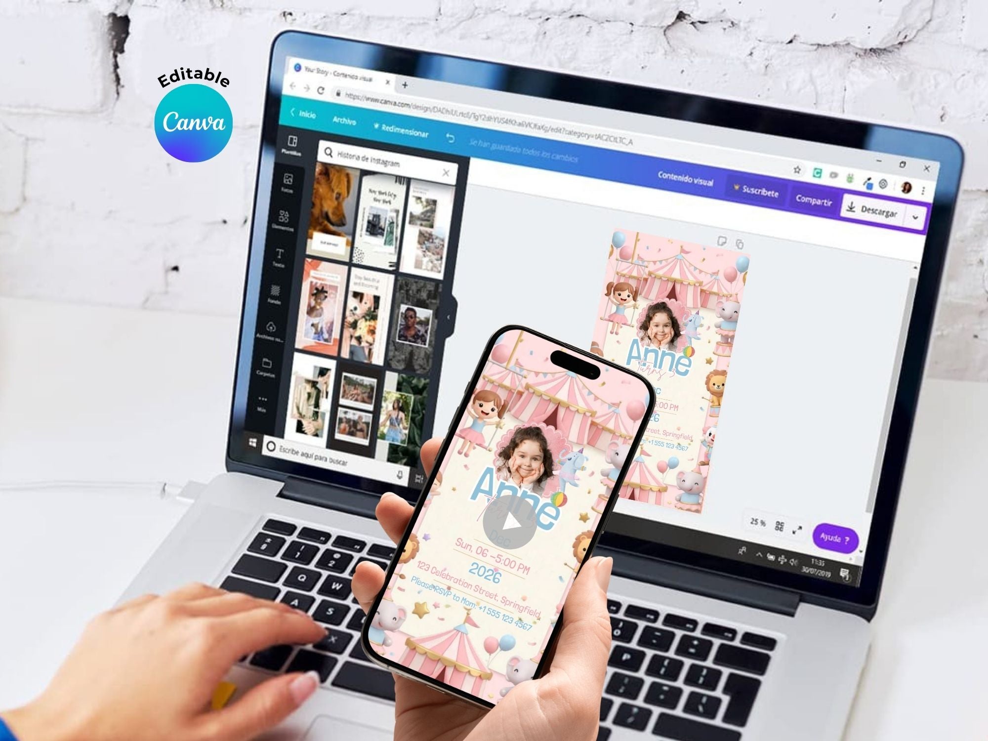 Pink Circus Birthday Invitation – Editable Canva Template – Share video mp4 – Instant Download