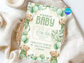 Green Balloon Bear Baby Shower Invitation – Watercolor Plane Theme – Editable Canva Template – Share or Printable 5x7 – Instant Download