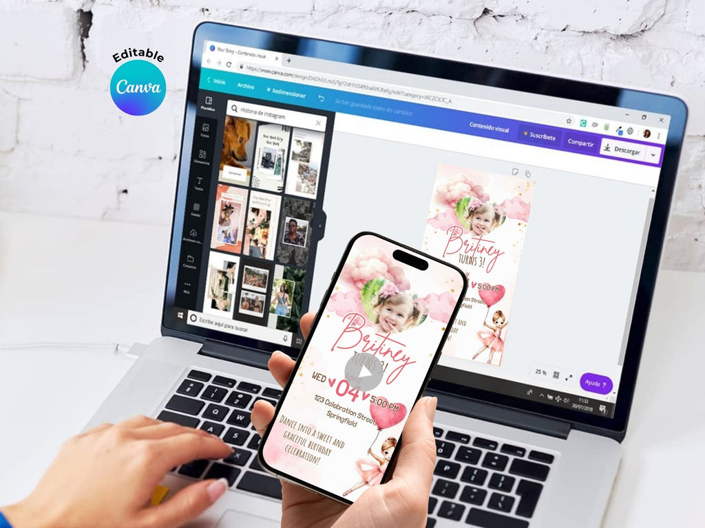 Pink Ballerina Birthday Invitation – Editable Canva Template – Share video mp4 – Instant Download