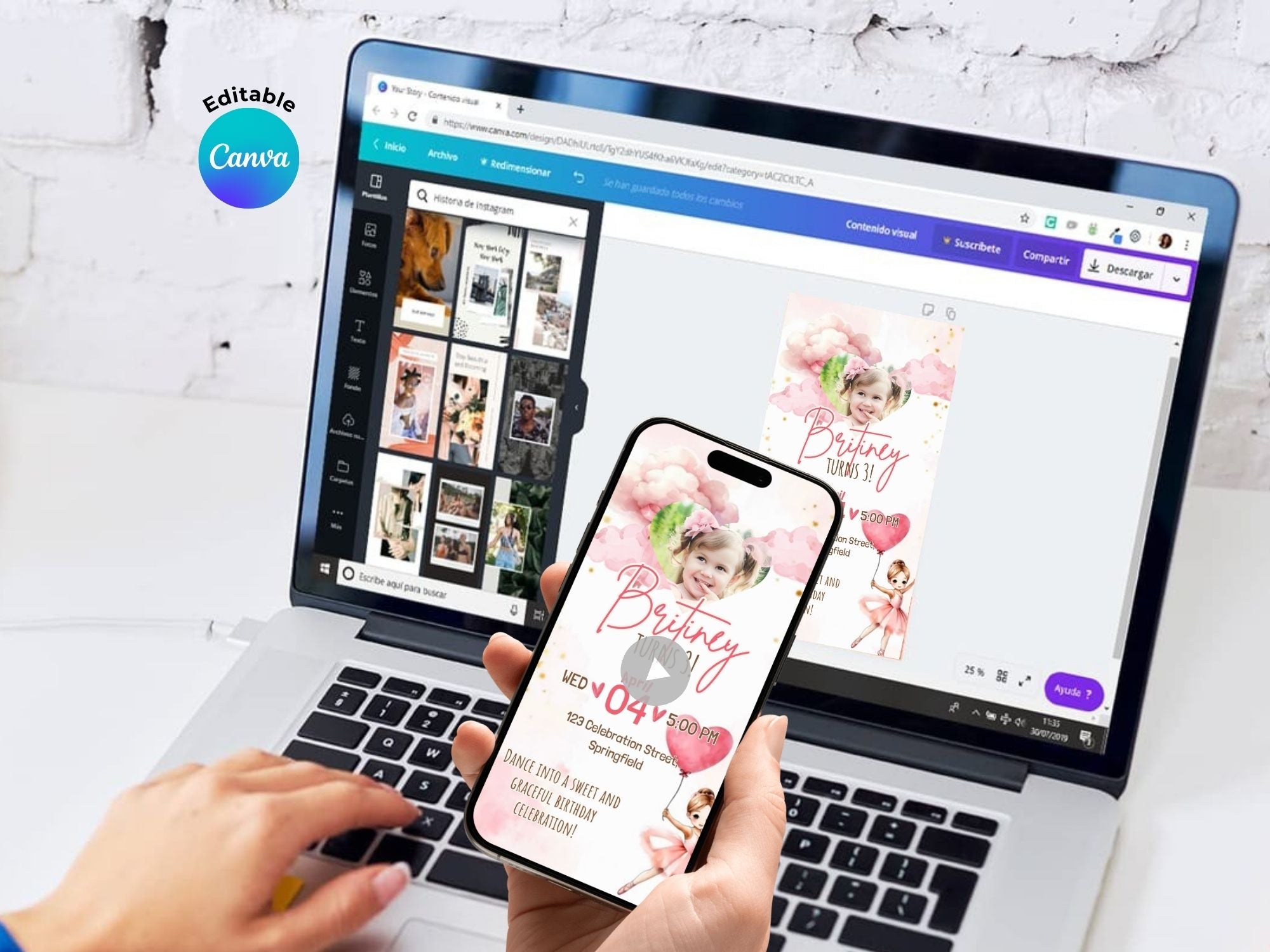 Pink Ballerina Birthday Invitation – Editable Canva Template – Share video mp4 – Instant Download