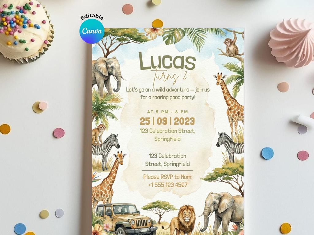 Safari Watercolor Birthday Invitation – Editable Canva Template – Share or Printable 5x7 – Instant Download