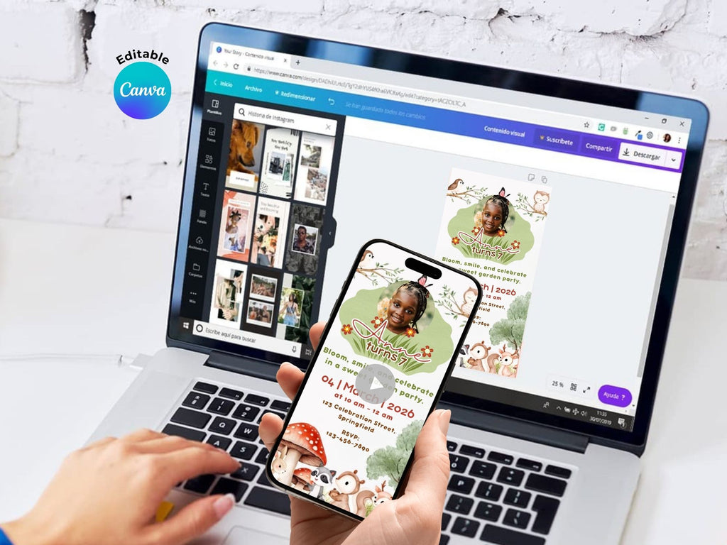 Cute Garden Birthday Invitation – Editable Canva Template – Share video mp4 – Instant Download