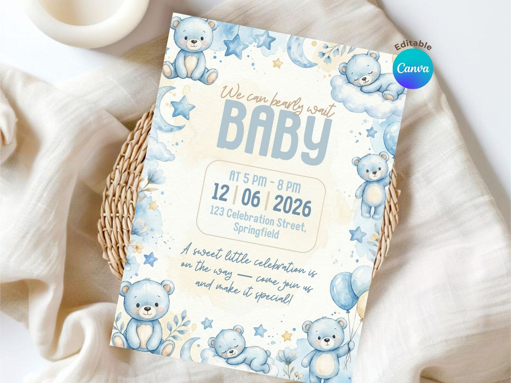 Blue Teddy Bear Invitation – Watercolor Plane Theme – Editable Canva Template – Share or Printable 5x7 – Instant Download