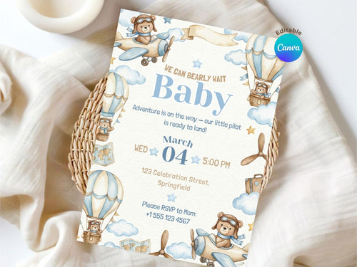 Aviator Teddy Baby Shower Invitation – Watercolor Plane Theme – Editable Canva Template – Share or Printable 5x7 – Instant Download