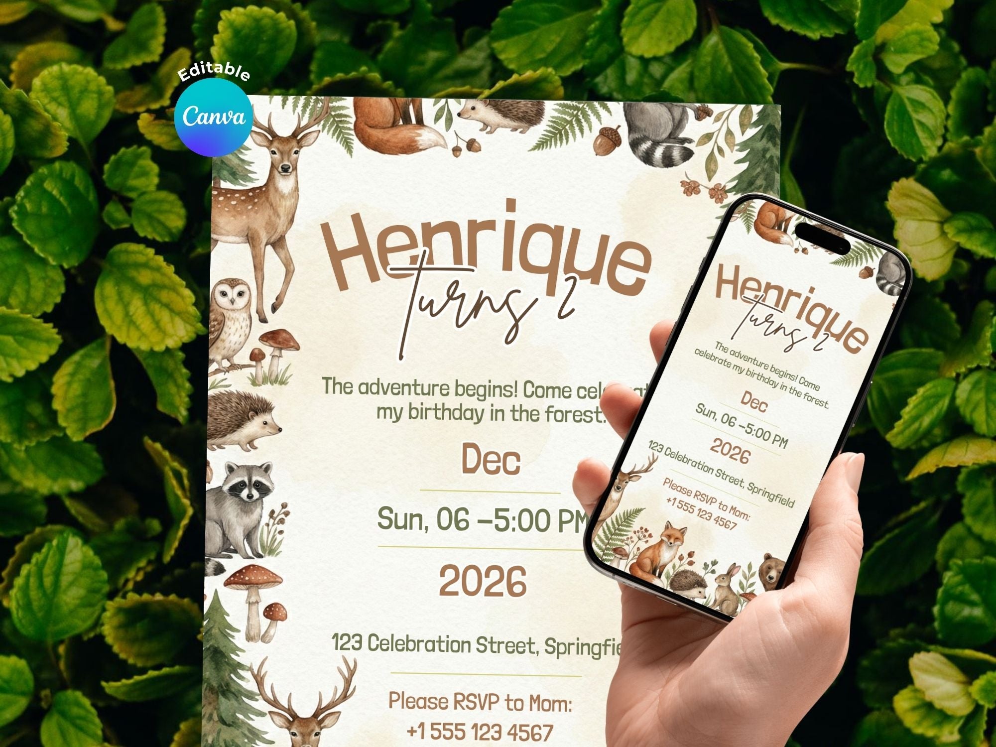 Forest Birthday Invitation – Editable Canva Template – Share or Printable 5x7 – Instant Download