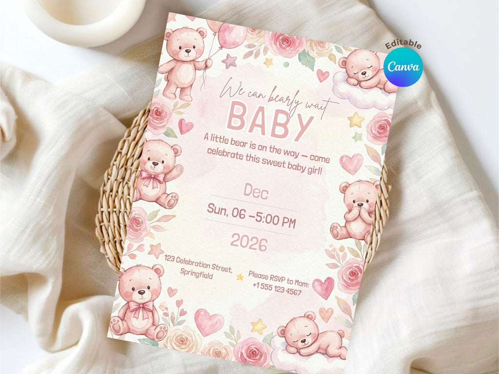 Pink Teddy Bear Baby Shower Invitation – Watercolor Plane Theme – Editable Canva Template – Share or Printable 5x7 – Instant Download