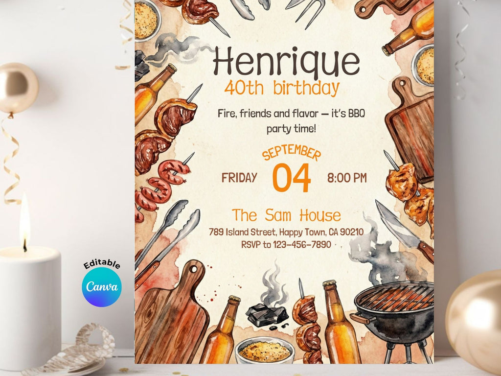 BBQ Watercolor Invitation – Editable Canva Template – Share or Printable 5x7 – Instant Download