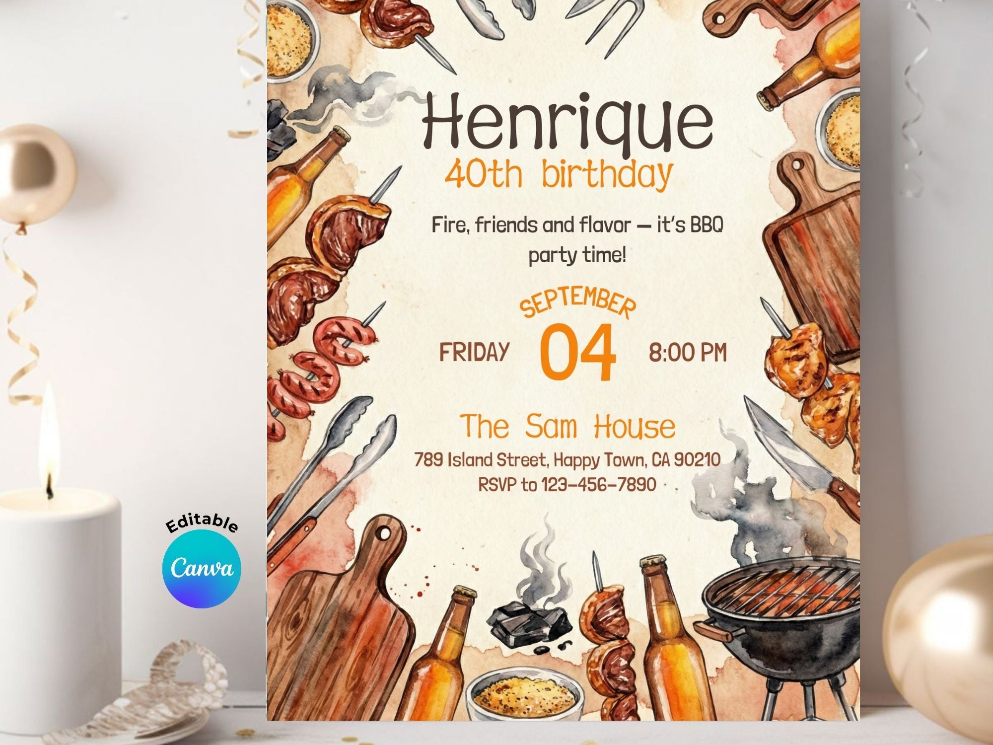 BBQ Watercolor Invitation – Editable Canva Template – Share or Printable 5x7 – Instant Download