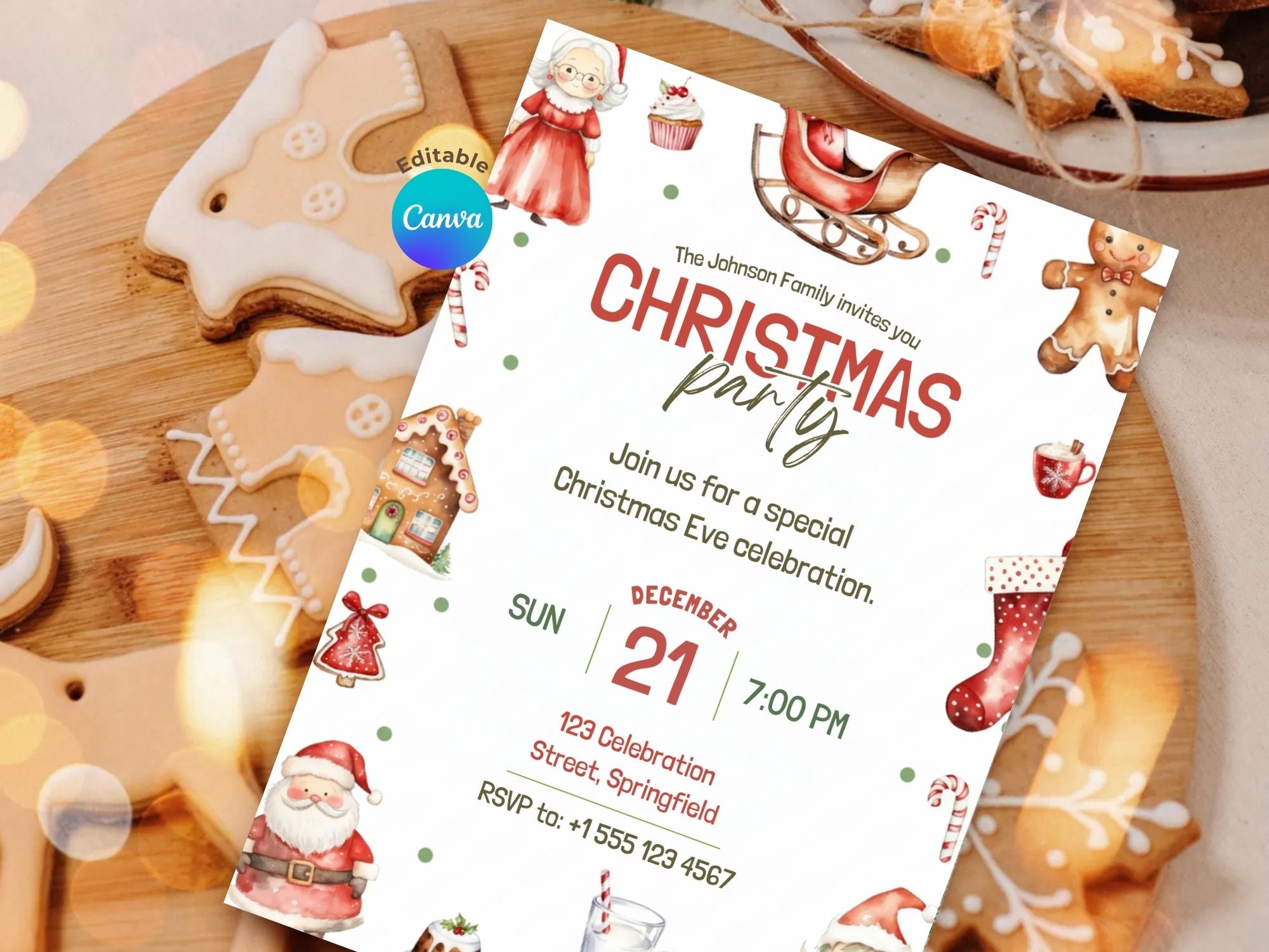Christmas Eve Party Invitation – Editable Canva Template – Share or Printable 5x7 – Instant Download