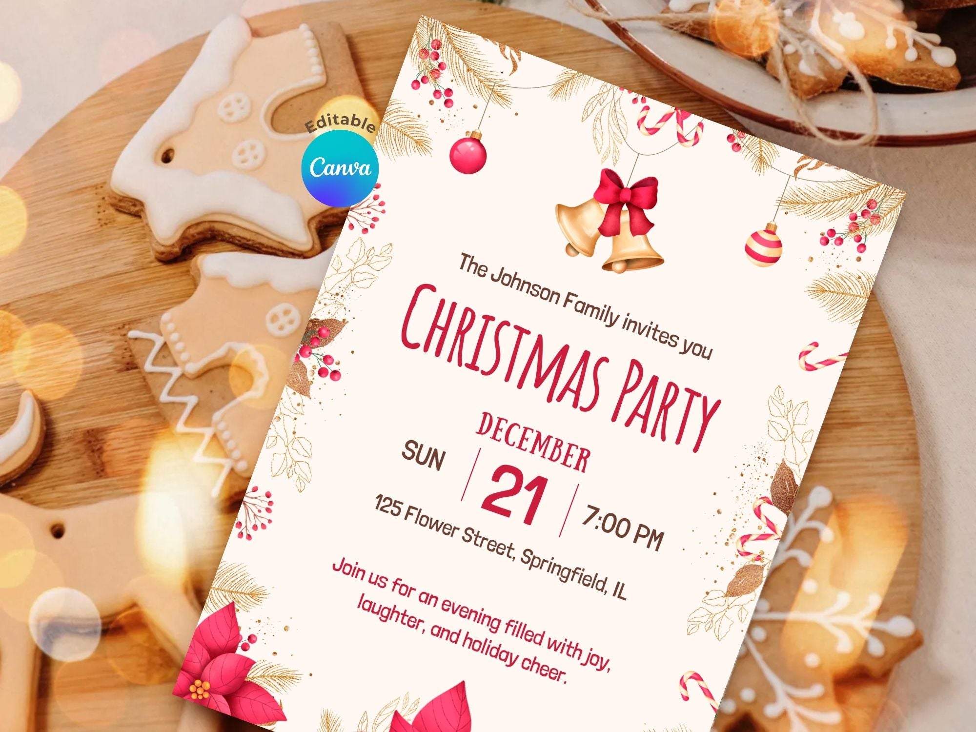 Christmas Party Flowers Invite – Editable Canva Template – Share or Printable 5x7 – Instant Download