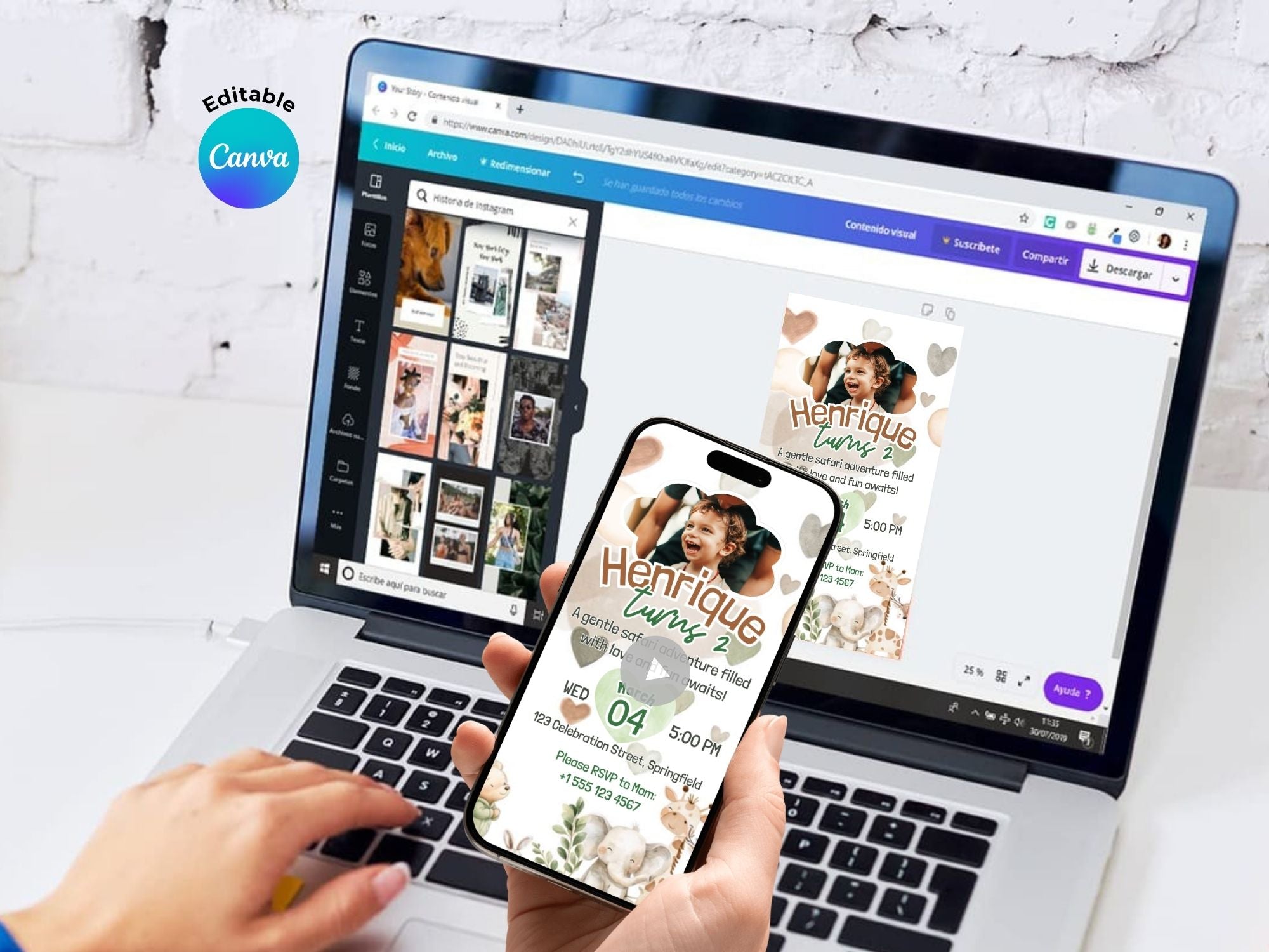 Watercolor Safari Hearts Birthday Invitation – Editable Canva Template – Share video mp4 – Instant Download