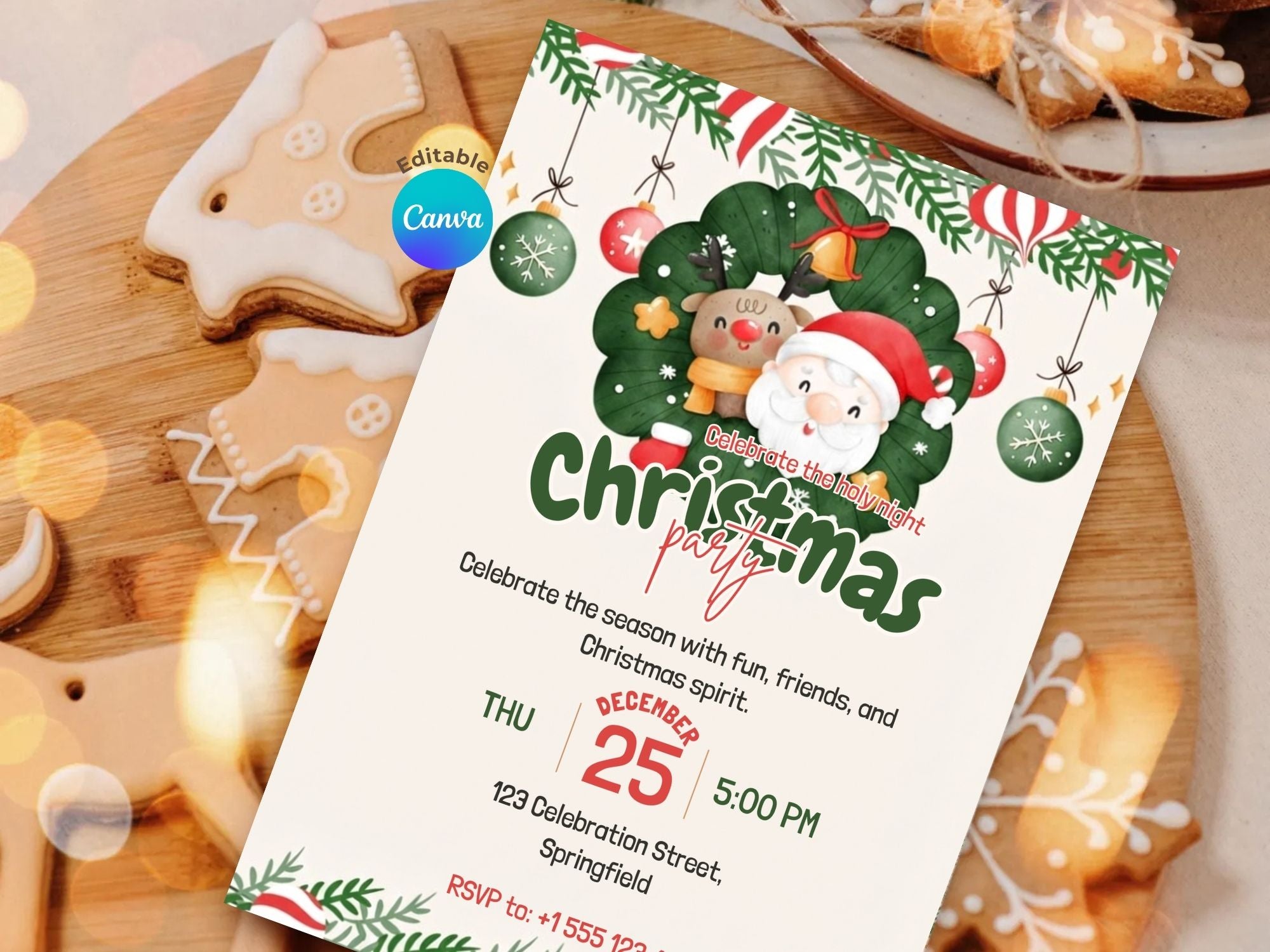 Christmas Cheer Party Invitation – Editable Canva Template – Share or Printable 5x7 – Instant Download