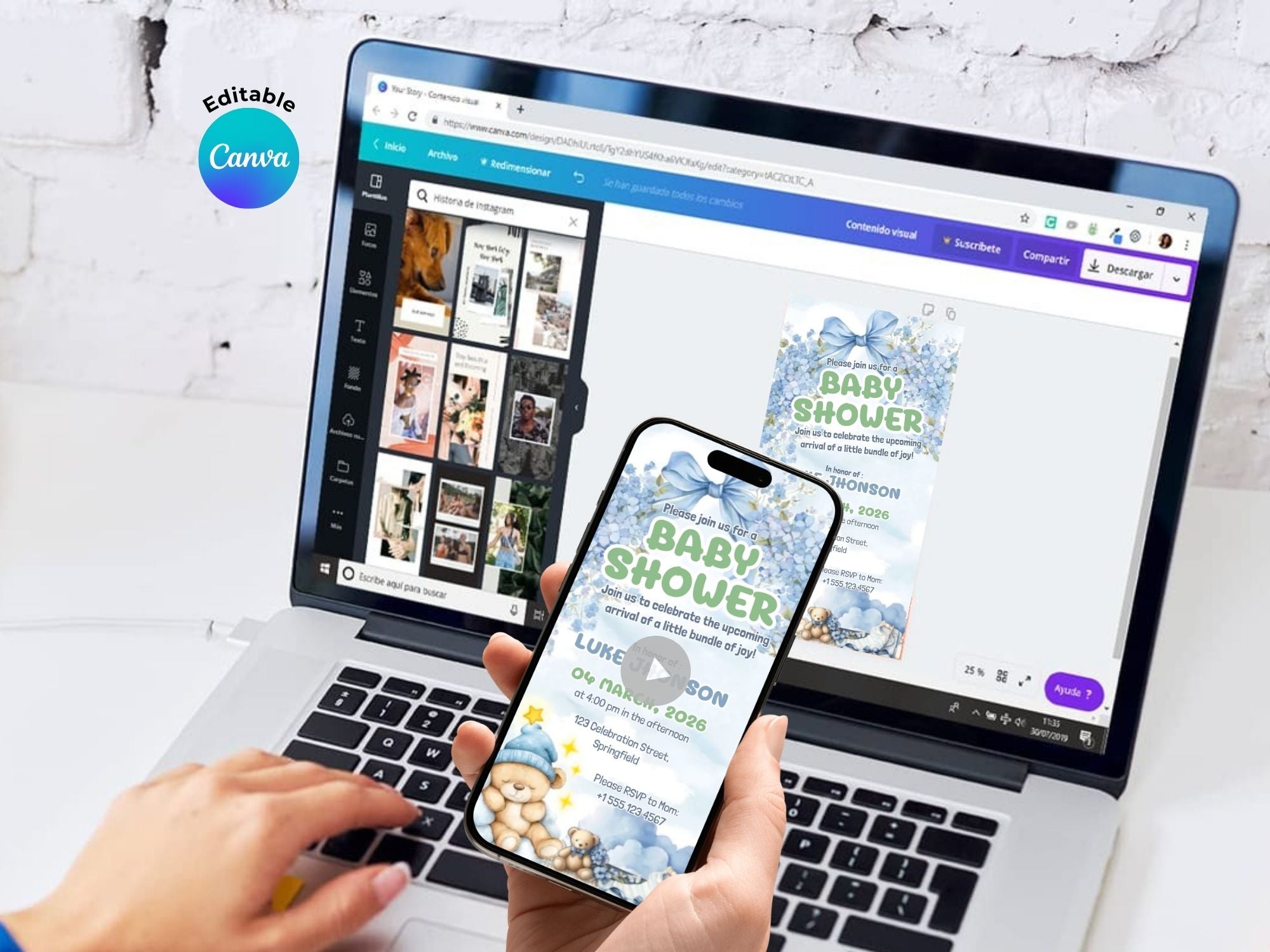 Cute Blue Baby Bear Baby Shower – Editable Canva Template – Share video mp4 – Instant Download