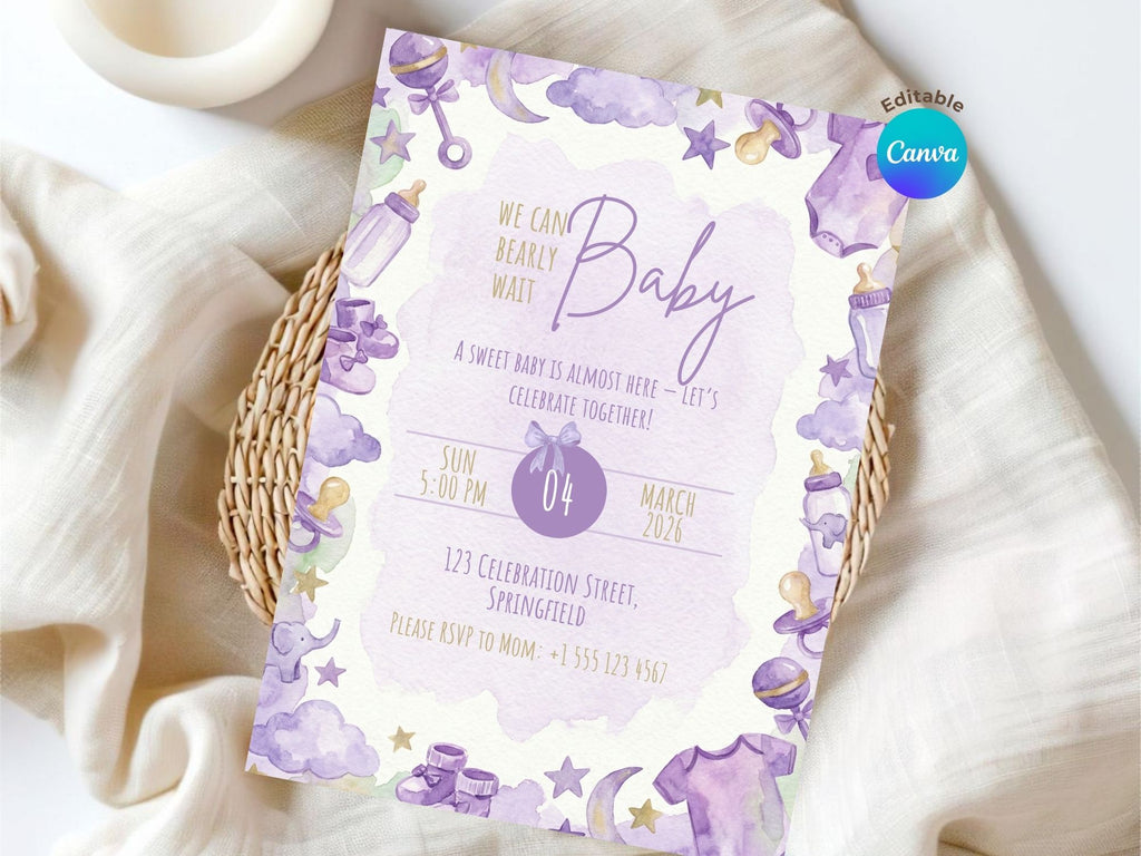 Purple Starry Baby Shower Invitation – Watercolor Plane Theme – Editable Canva Template – Share or Printable 5x7 – Instant Download