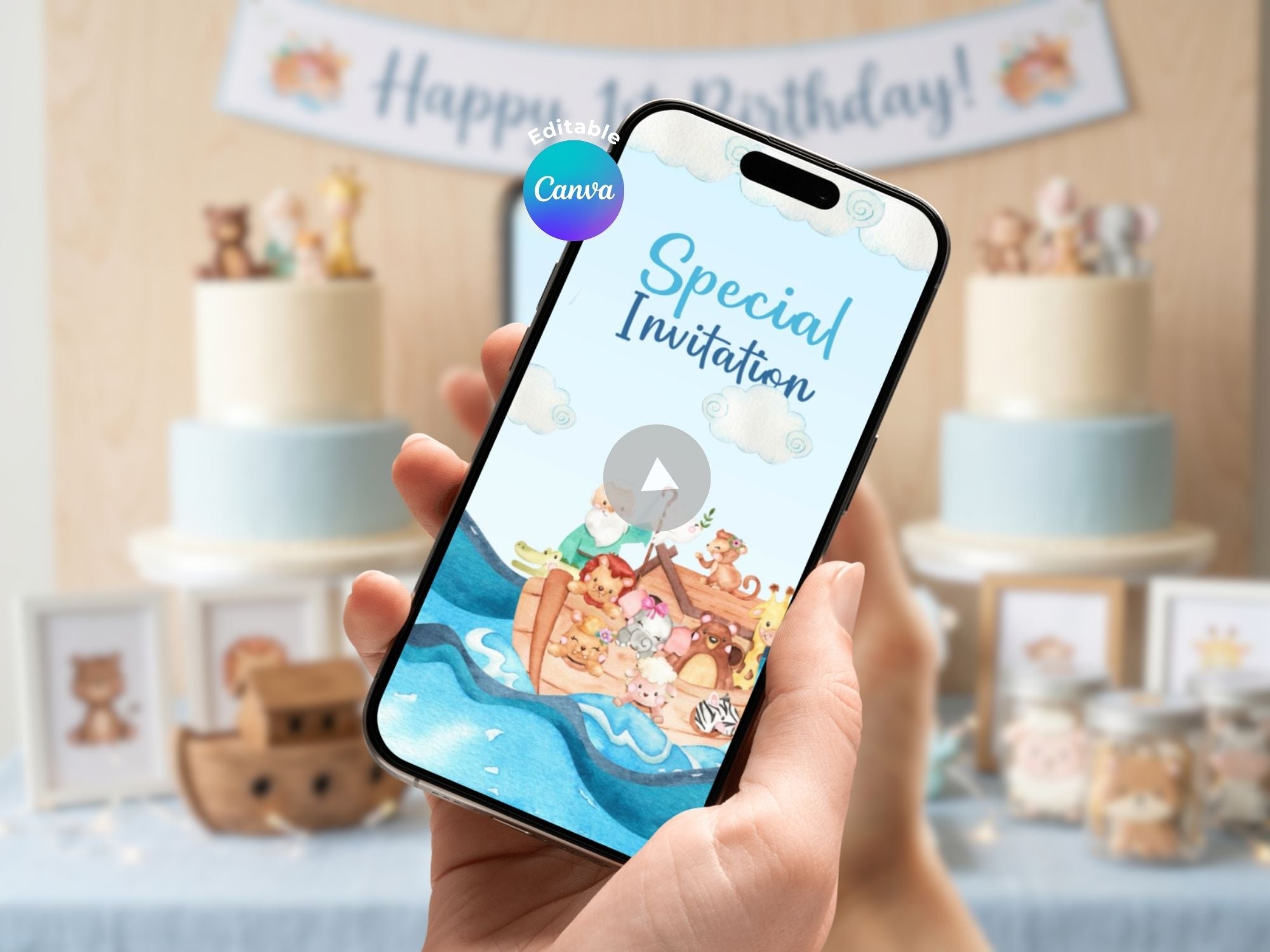 Noah’s Ark Birthday Video Invitation – Editable Canva Template