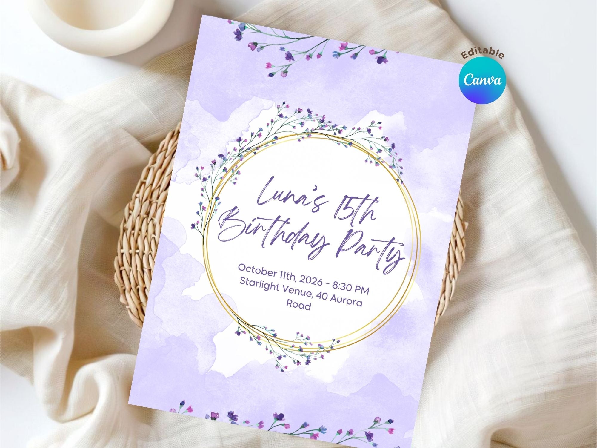 Pastel flower 15th invite – Watercolor Plane Theme – Editable Canva Template – Share or Printable 5x7 – Instant Download