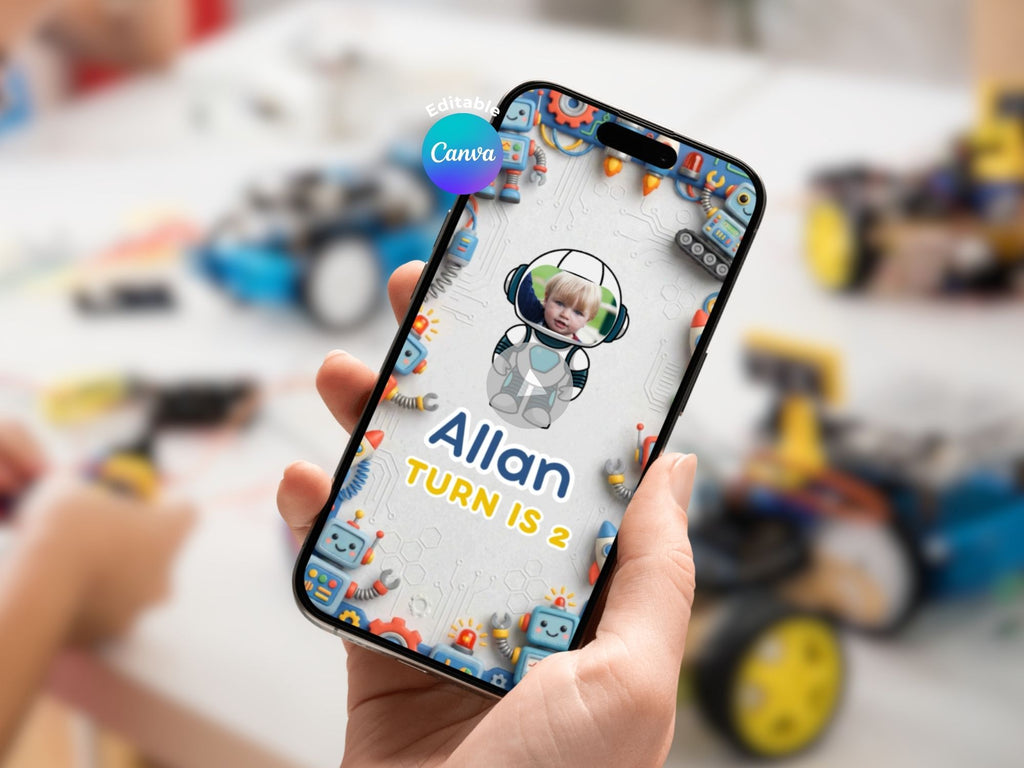 Animated Robot and Rocket Birthday Video Invitation – Editable Canva Template – Share video mp4 – Instant Download