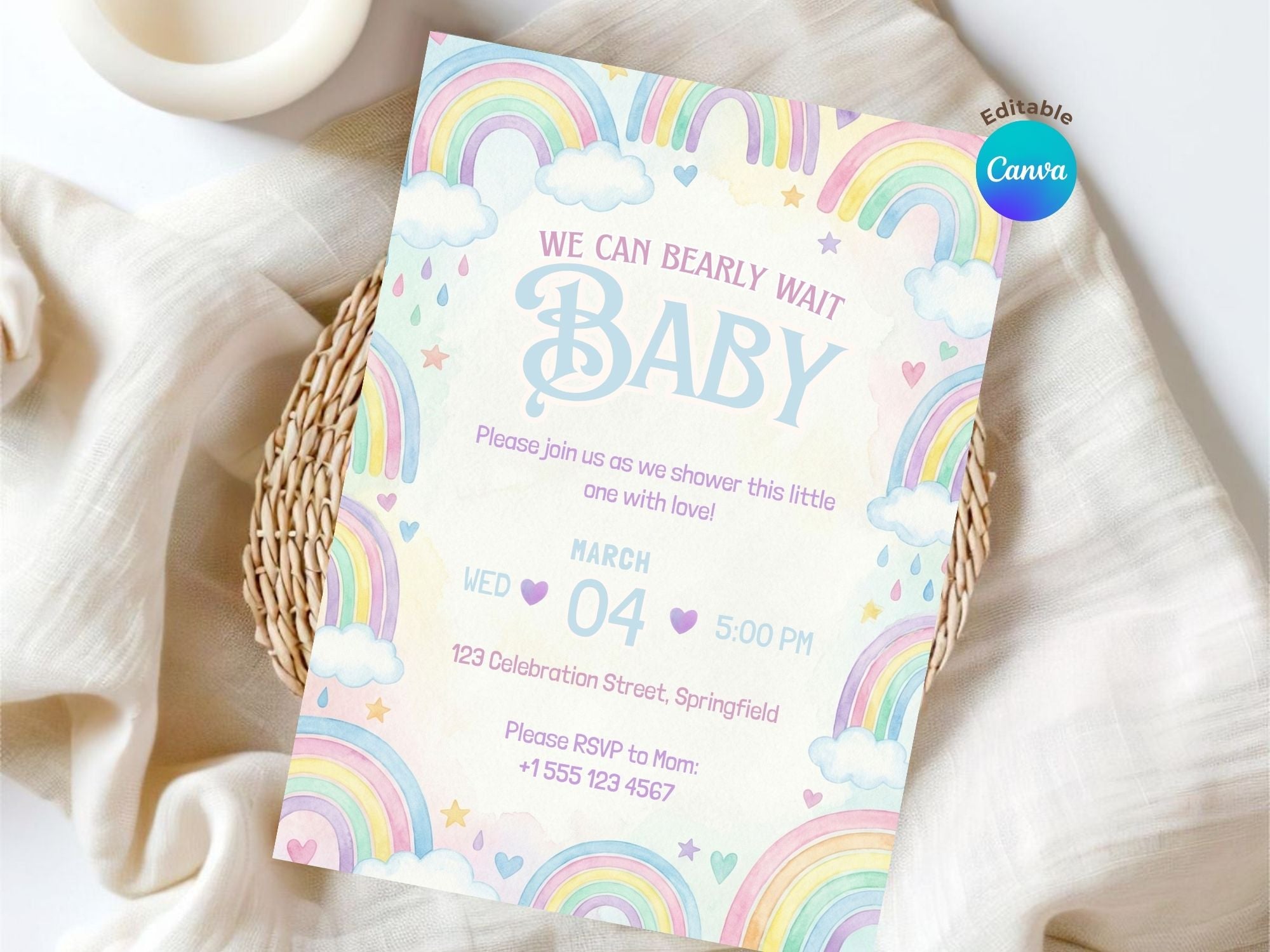 Watercolor Rainbow Baby Shower Invitation – Watercolor Plane Theme – Editable Canva Template – Share or Printable 5x7 – Instant Download