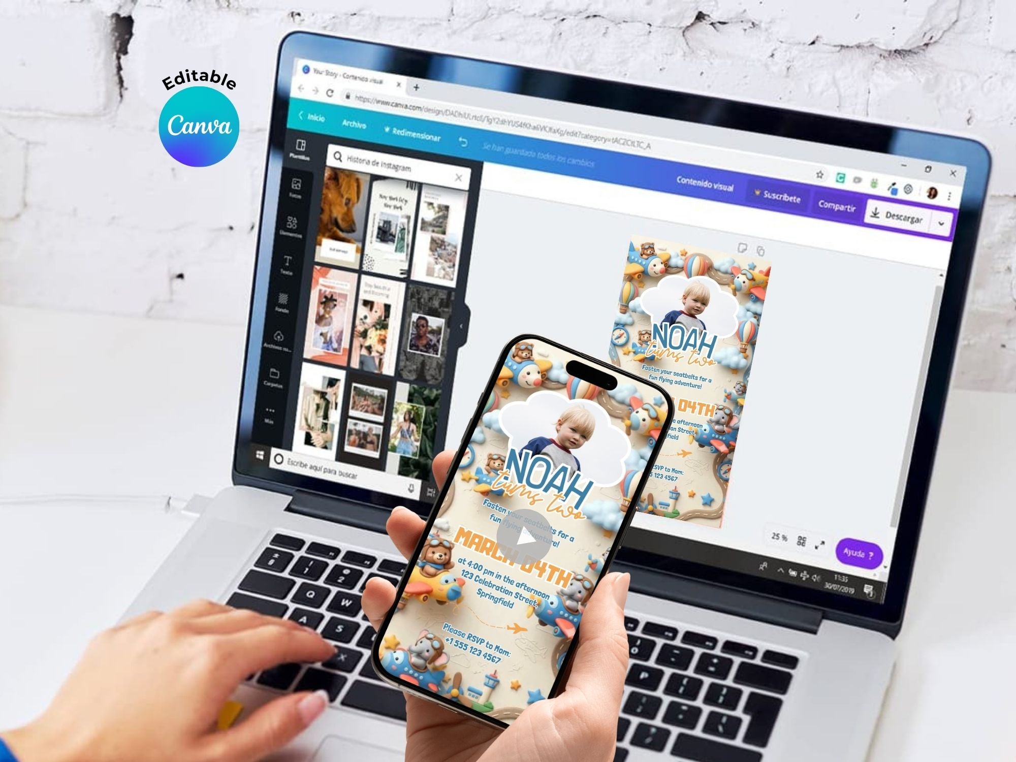 3D Aviator Animals Birthday Invitation – Editable Canva Template – Share video mp4 – Instant Download