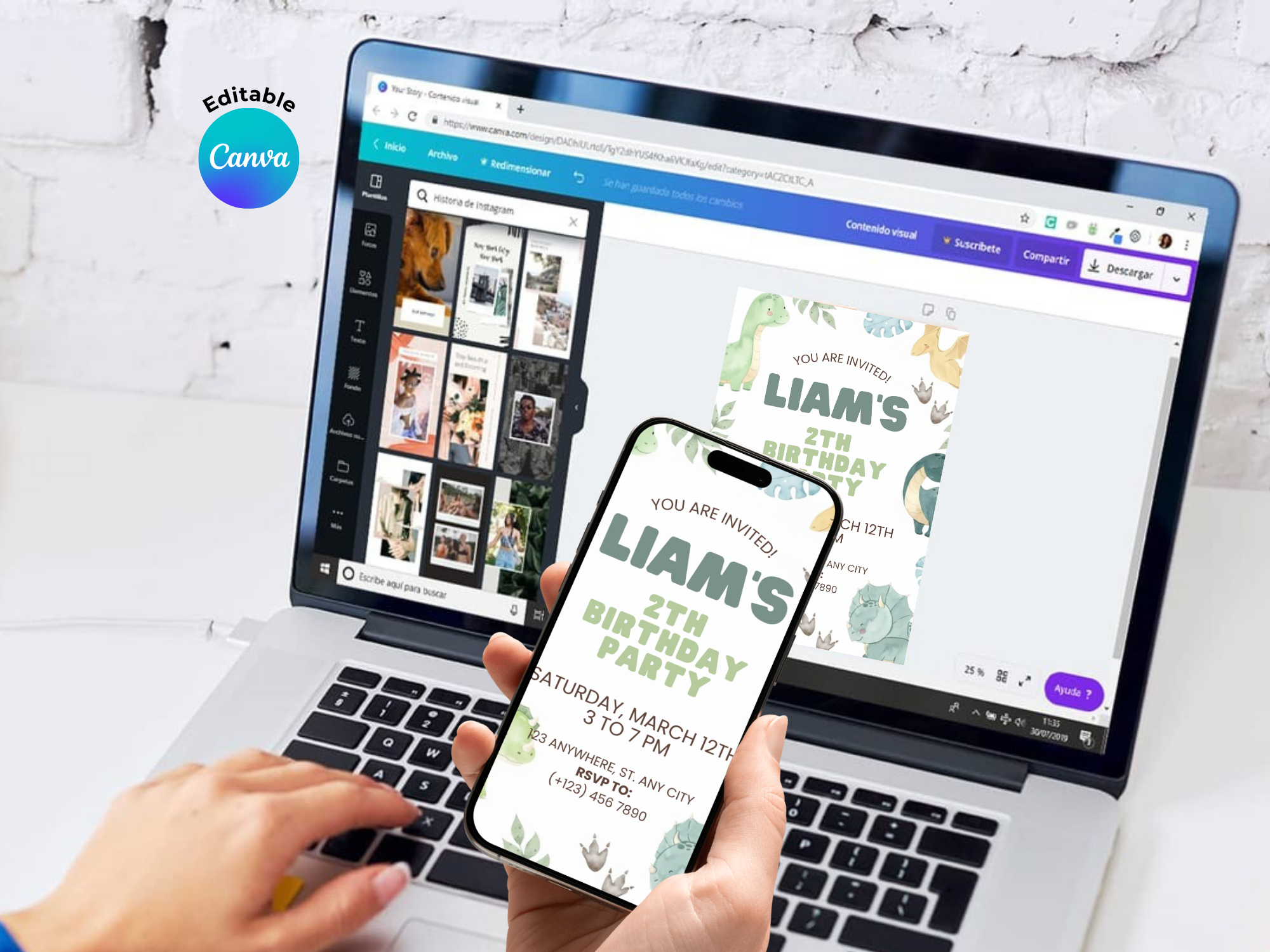 [FREE SAMPLE] Dino Green Invitation | Editable Canva Template - Instant Download