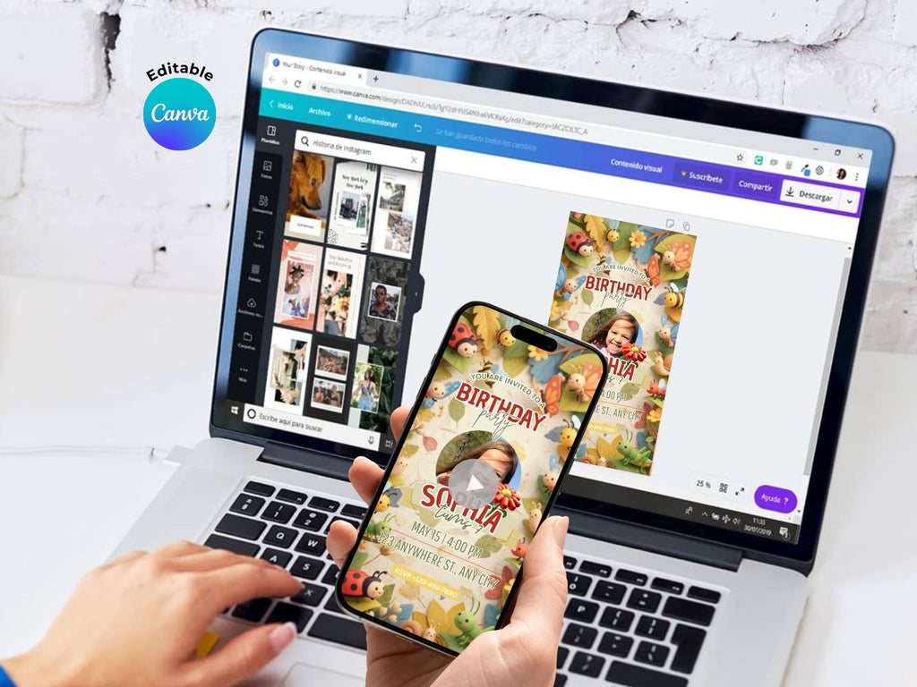 Cute 3D Insects Birthday Invitation – Editable Canva Template – Share video mp4 – Instant Download