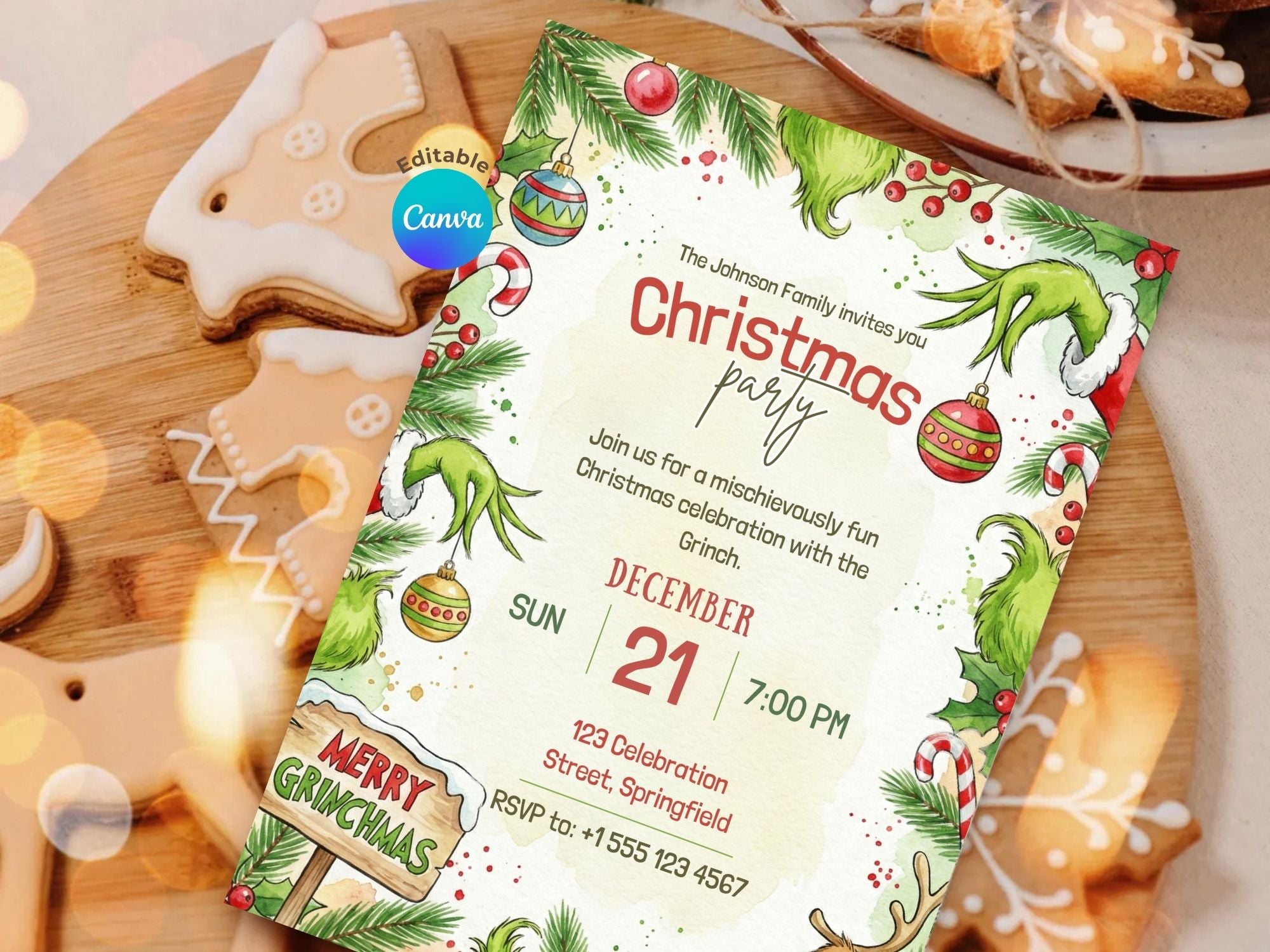Grinch Christmas Party – Editable Canva Template – Share or Printable 5x7 – Instant Download