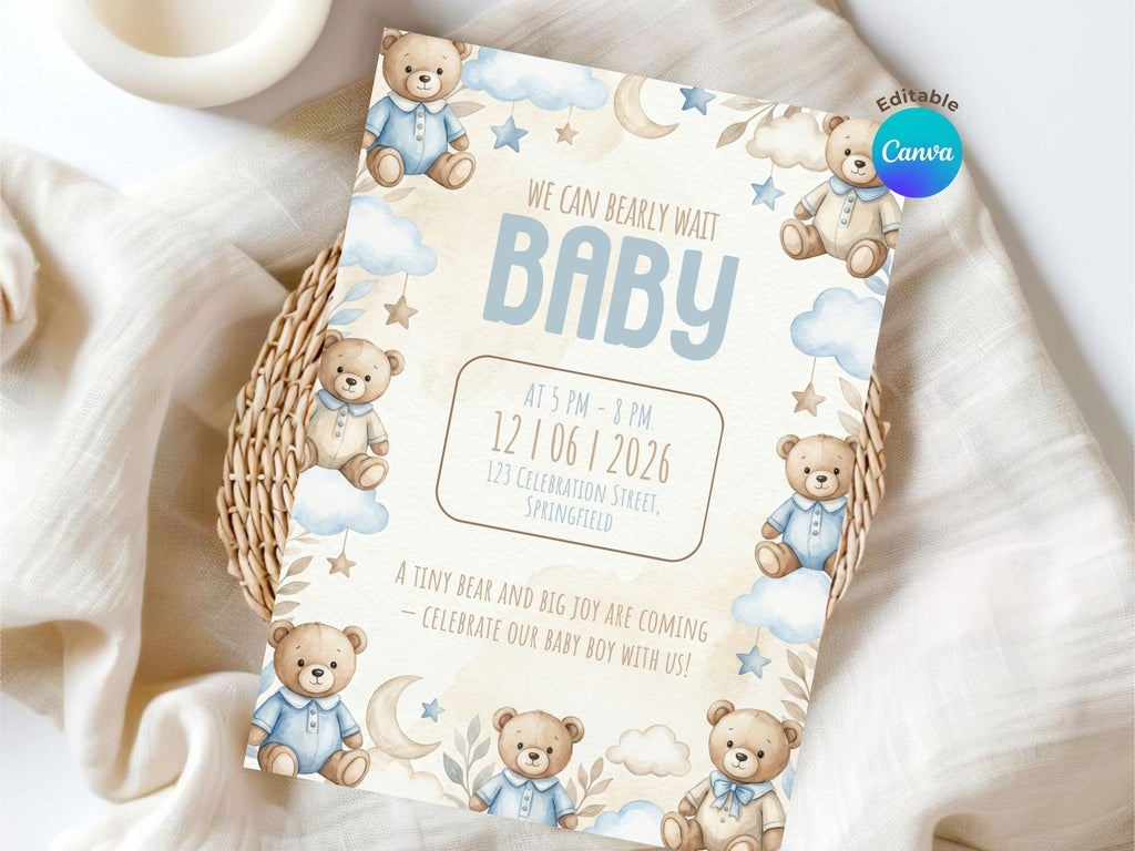 Blue Teddy Bear Baby Shower Invitation – Watercolor Plane Theme – Editable Canva Template – Share or Printable 5x7 – Instant Download