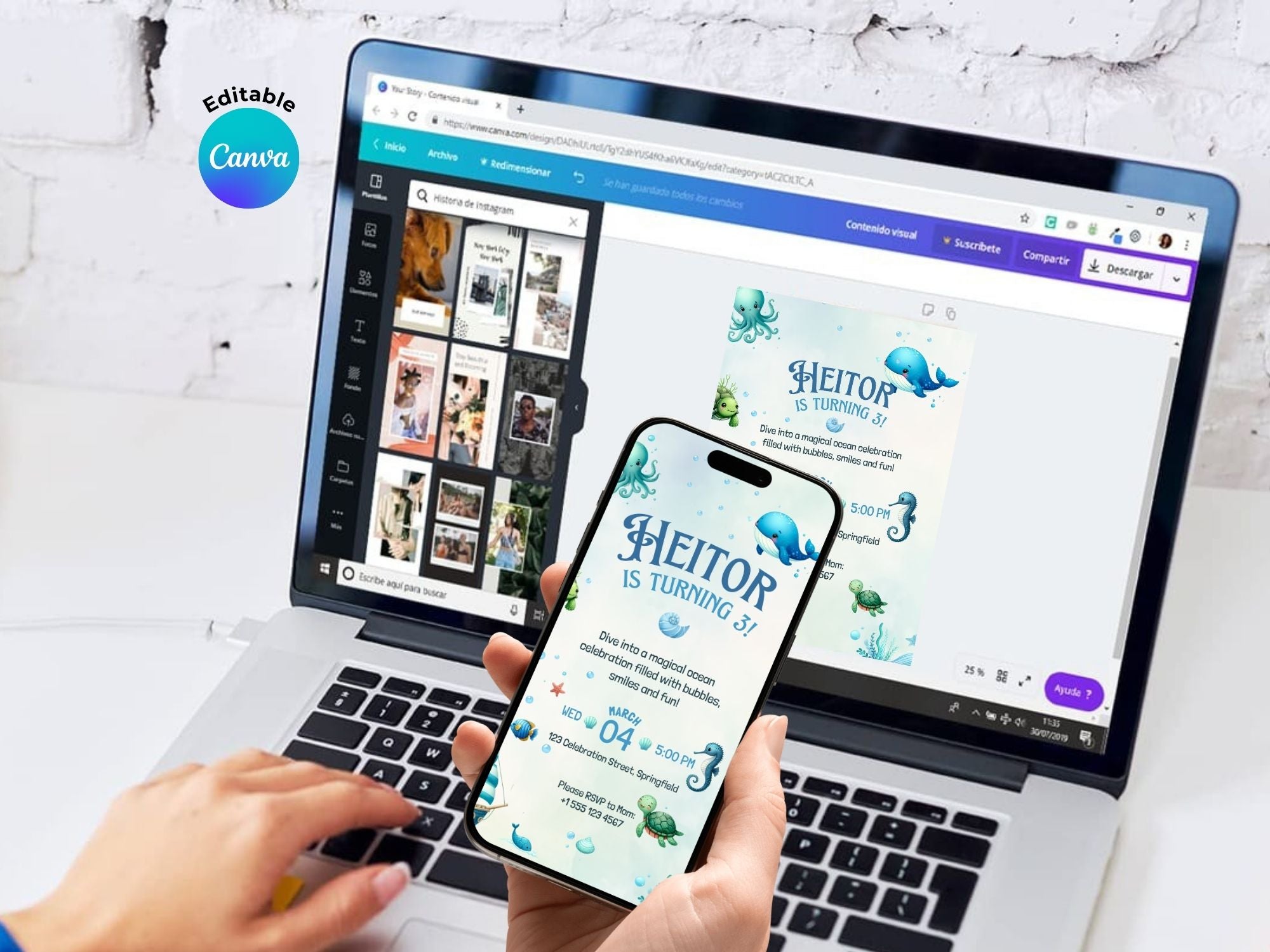 Blue Under The Sea Invitation – Editable Canva Template – Share or Printable 5x7 – Instant Download