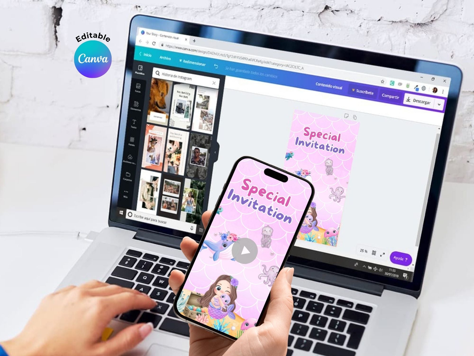 Purple Mermaid Birthday Video Invitation – Editable Canva Template – Share video mp4 – Instant Download