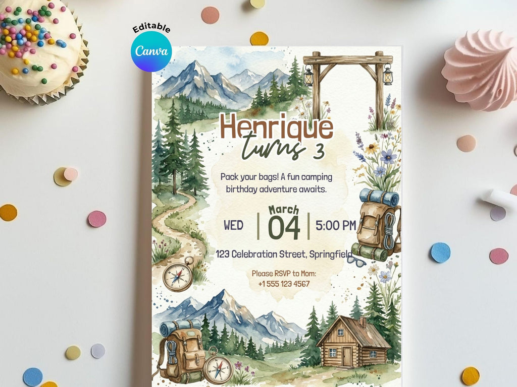 Camping Birthday Invitation – Editable Canva Template – Share or Printable 5x7 – Instant Download