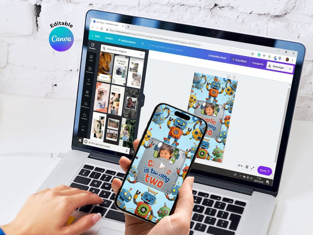 Animated Robot Birthday Video Invitation – Editable Canva Template – Share video mp4 – Instant Download