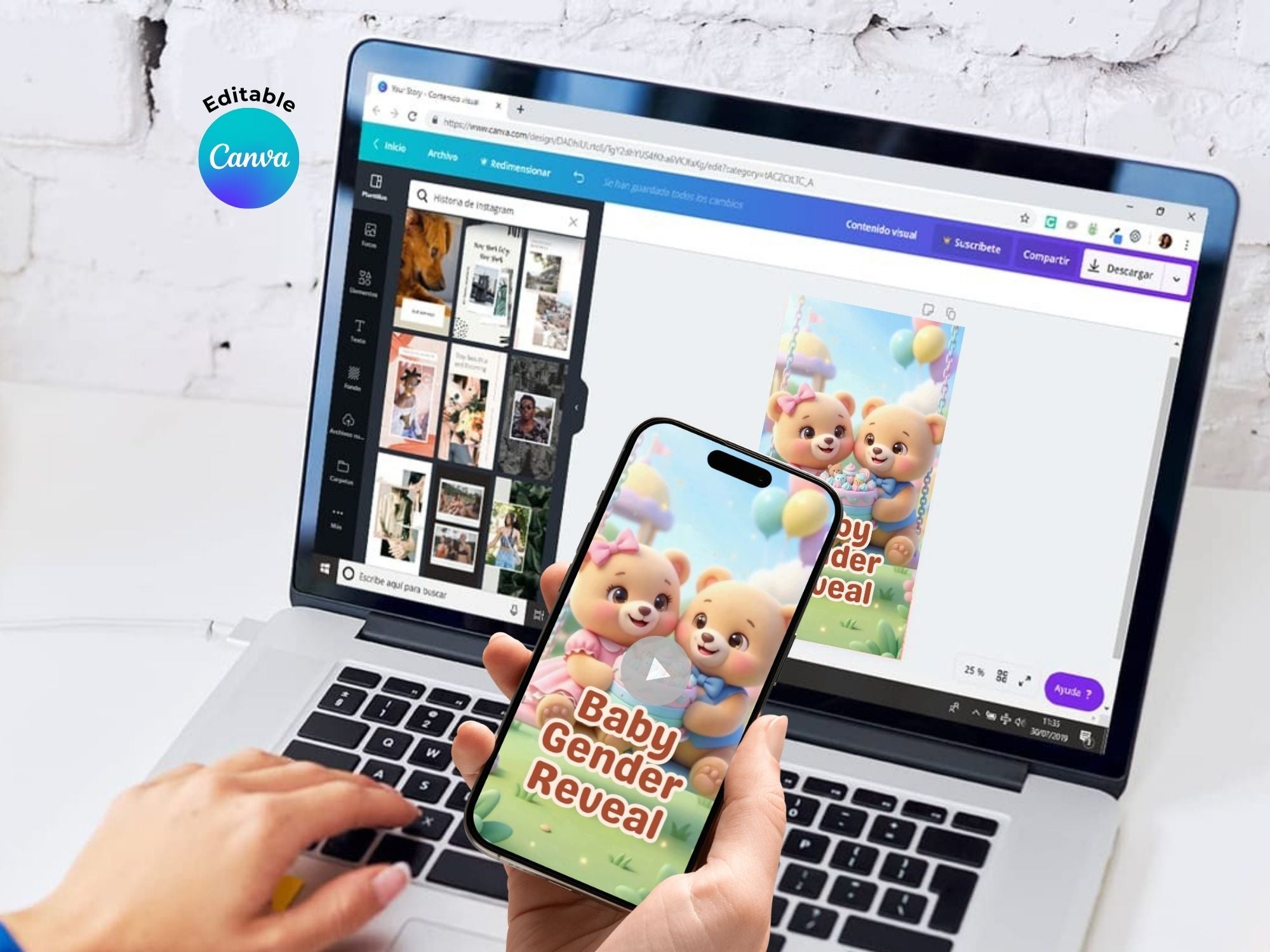 Cute Baby's Gender Reveal With Teddy Bear Invitation – Editable Canva Template – Share video mp4 – Instant Download