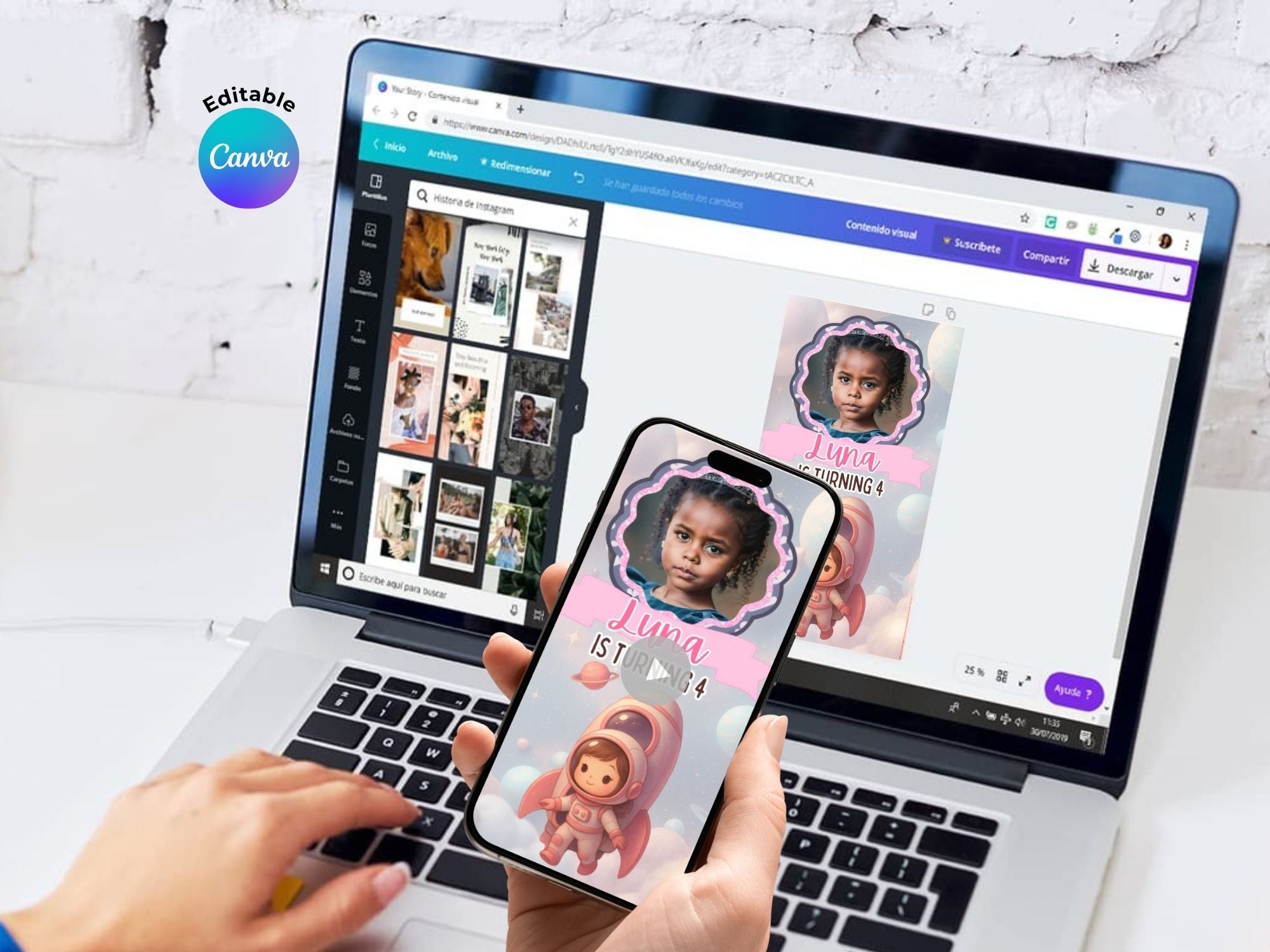 Girl Astronaut Space Birthday Video Invitation – Editable Canva Template – Share video mp4 – Instant Download
