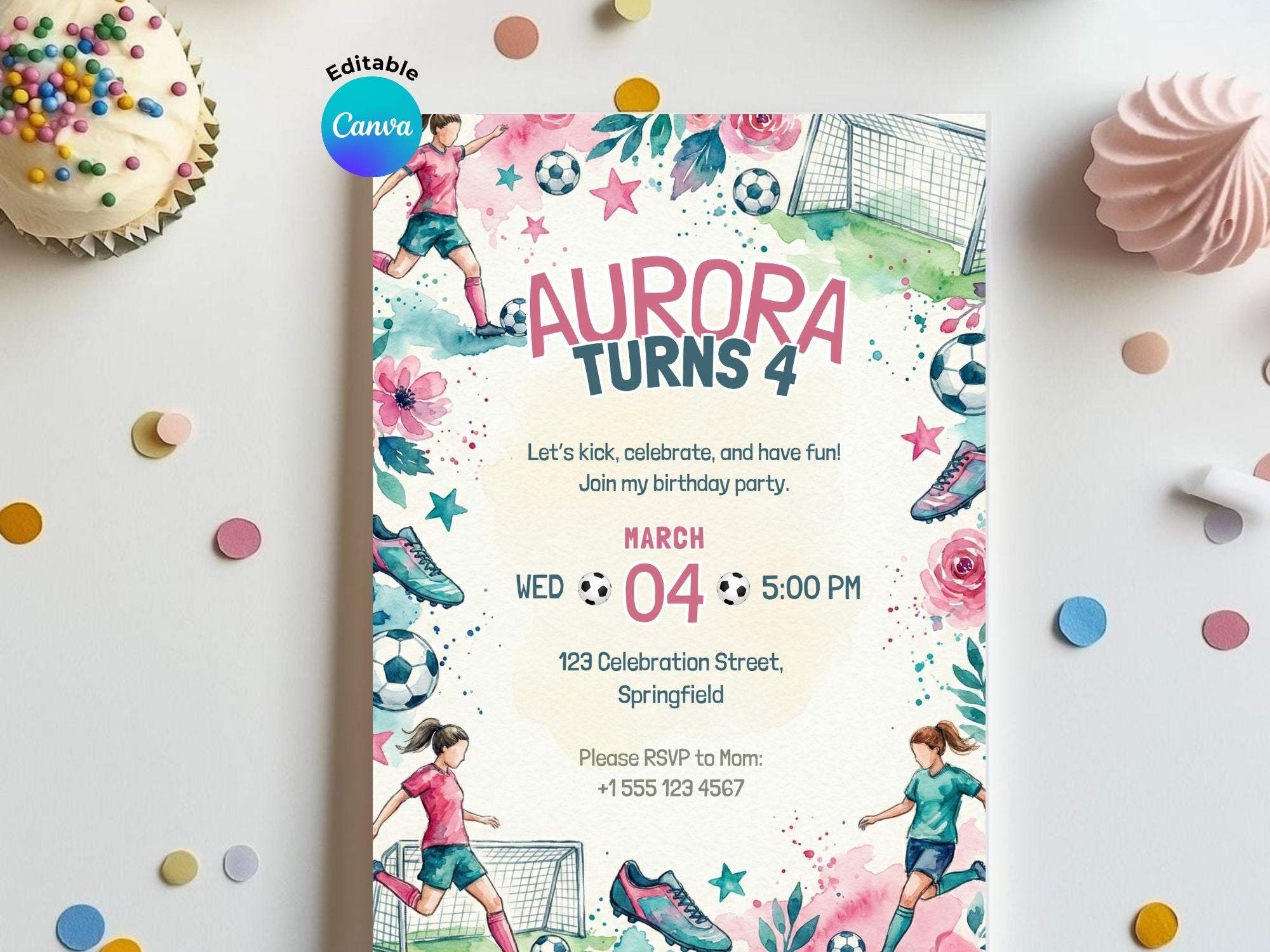 Soccer Girl Birthday Invitation – Editable Canva Template – Share or Printable 5x7 – Instant Download