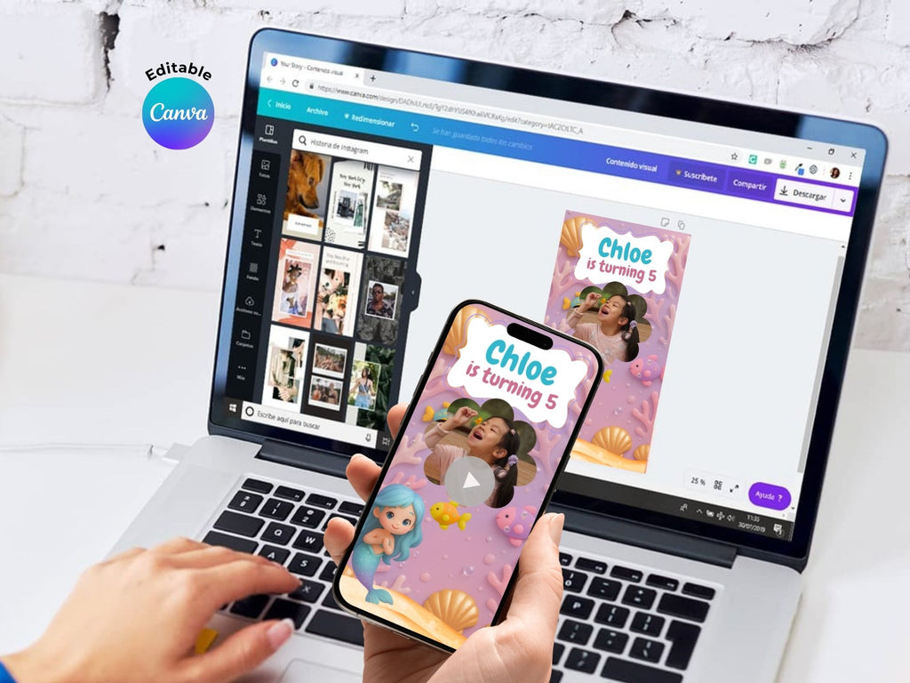 Blue Mermaid Birthday Video Invitation – Editable Canva Template – Share video mp4 – Instant Download