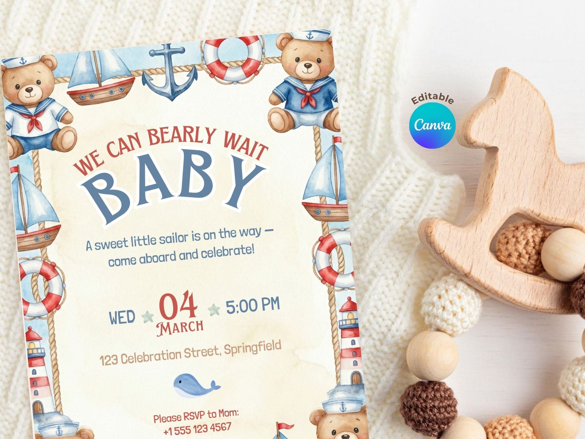 Blue Sailor Baby Shower Invitation – Watercolor Plane Theme – Editable Canva Template – Share or Printable 5x7 – Instant Download