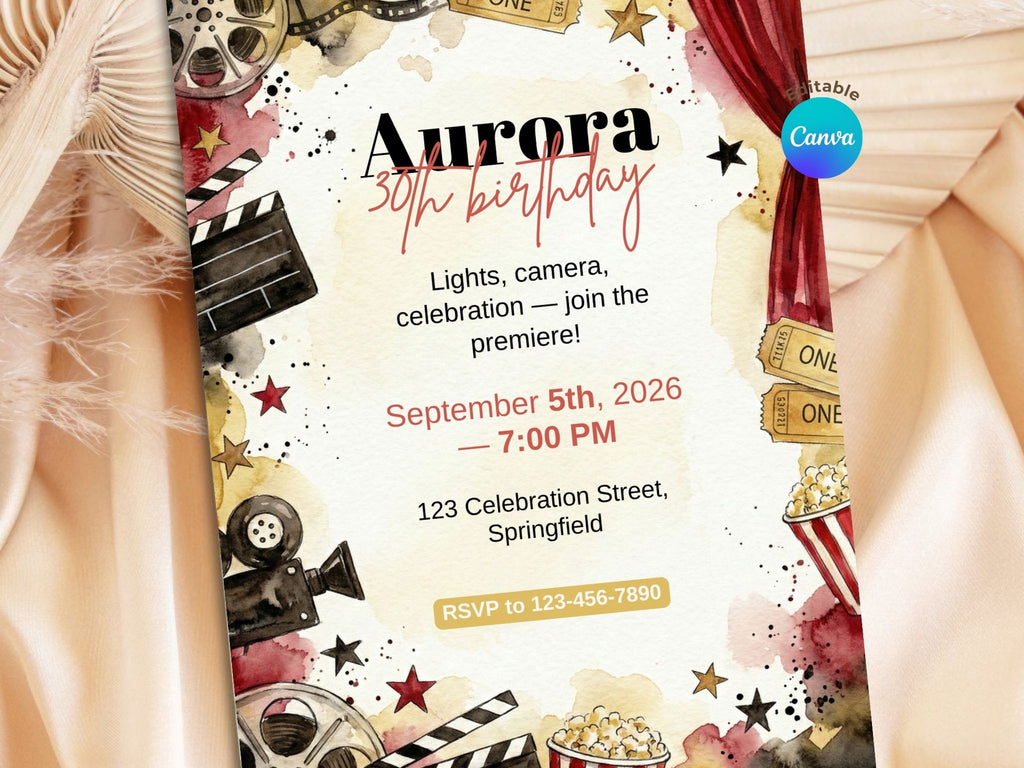 Movie Night Invitation – Editable Canva Template – Share or Printable 5x7 – Instant Download