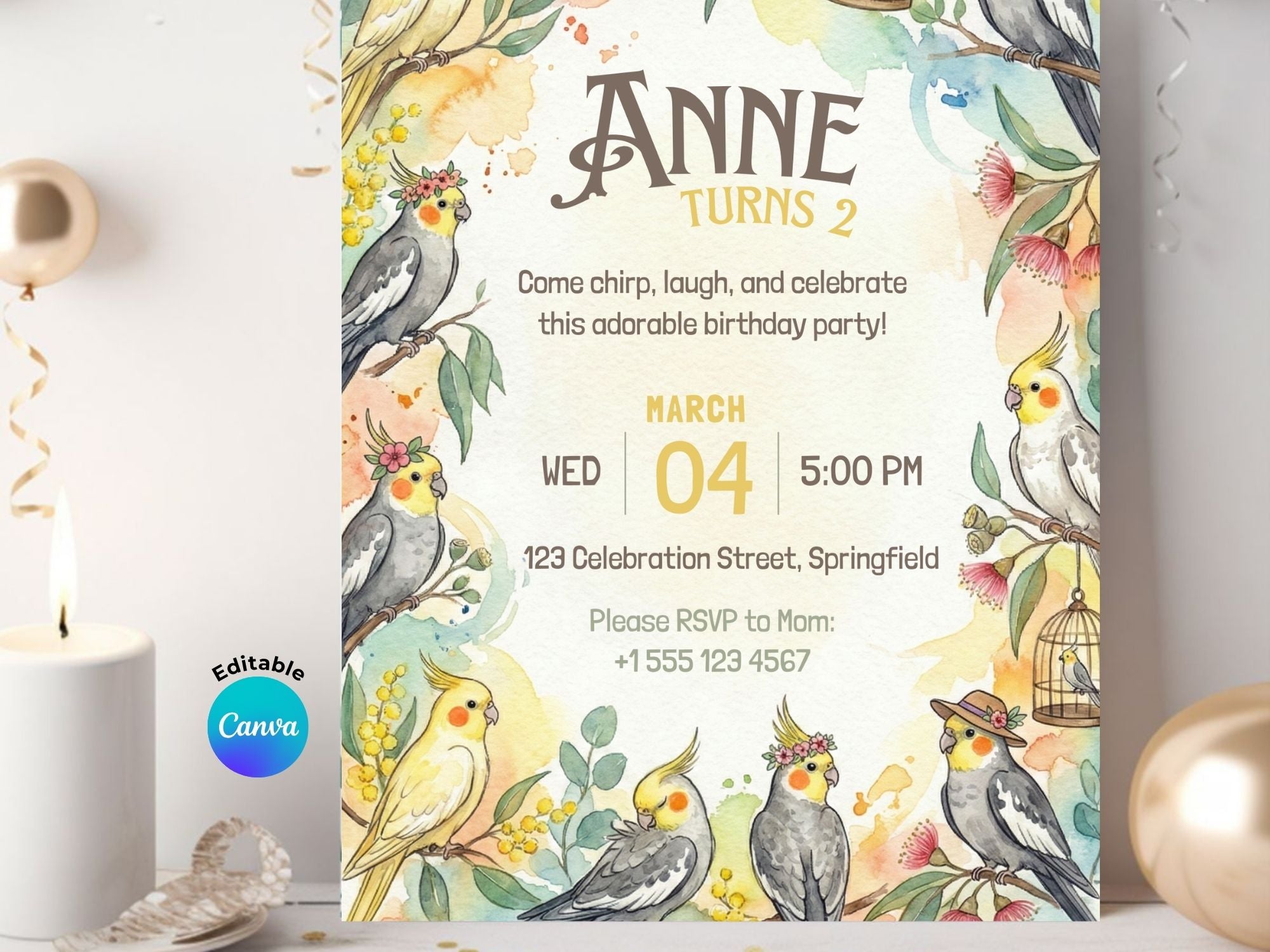 Cockatiel Watercolor Birthday Invitation – Editable Canva Template – Share or Printable 5x7 – Instant Download