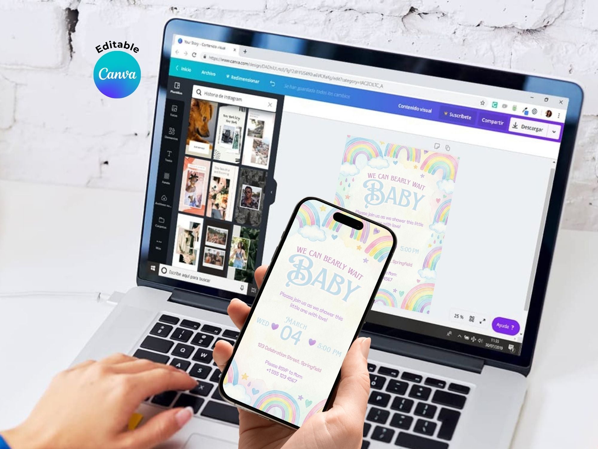 Watercolor Rainbow Baby Shower Invitation – Watercolor Plane Theme – Editable Canva Template – Share or Printable 5x7 – Instant Download