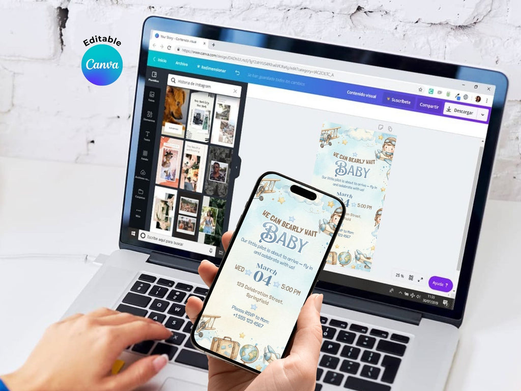 Aviator Baby Shower Invitation – Watercolor Plane Theme – Editable Canva Template – Share or Printable 5x7 – Instant Download