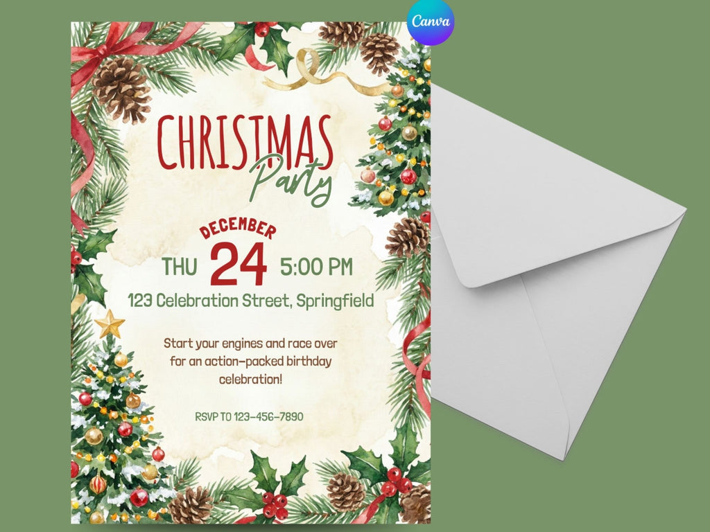 Christmas Tree Holiday Invitation – Editable Canva Template – Share or Printable 5x7 – Instant Download