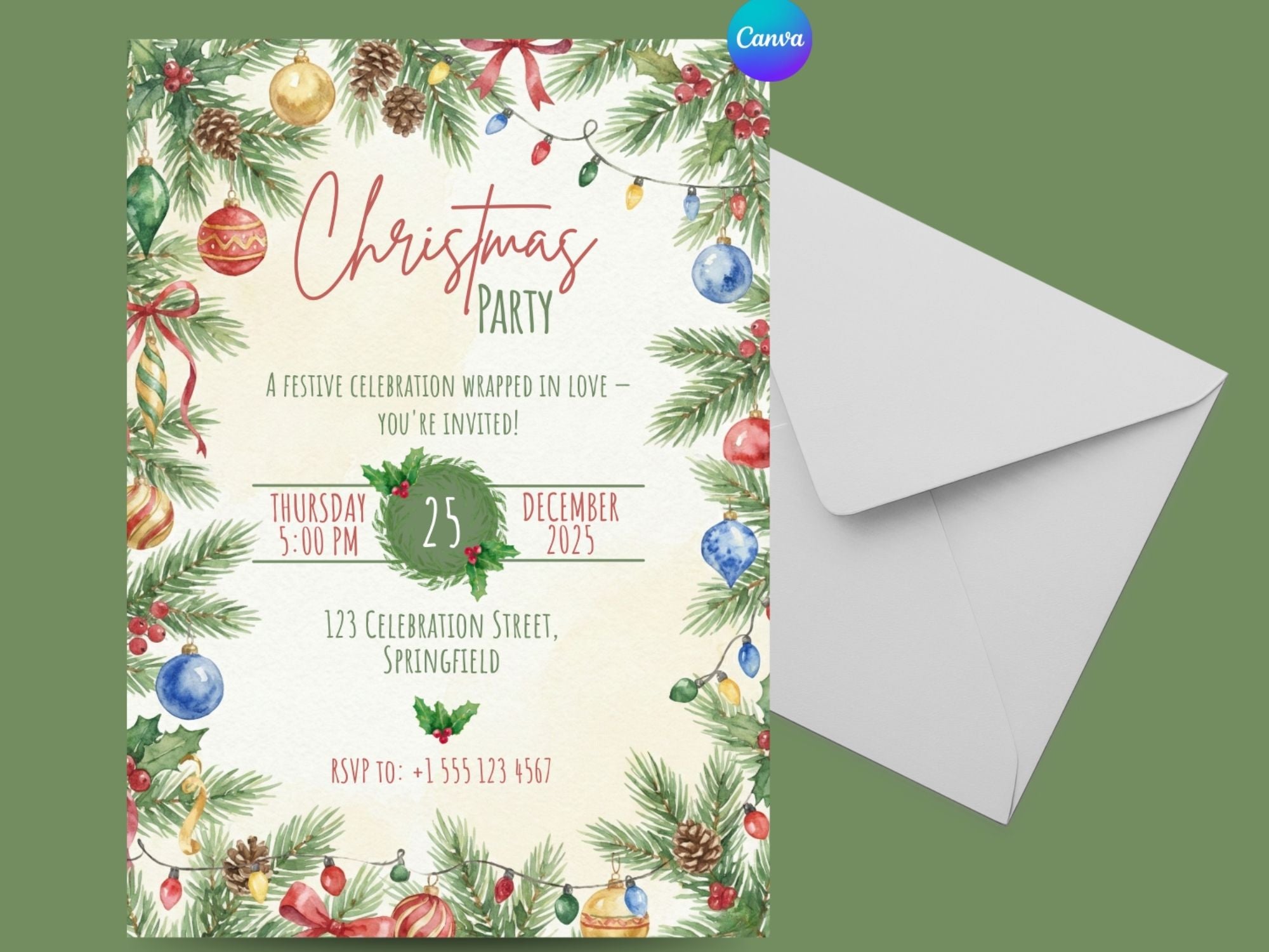 Christmas Ornaments Party Invitation – Editable Canva Template – Share or Printable 5x7 – Instant Download
