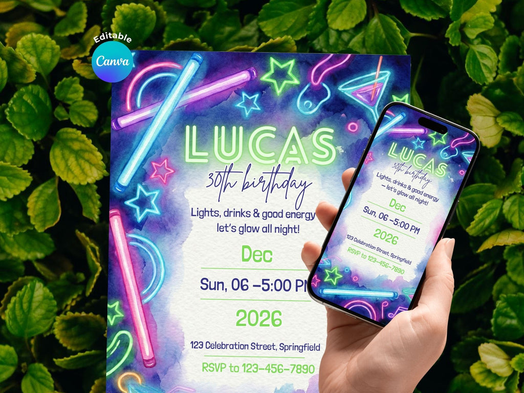 Neon Drink Party Invitation – Editable Canva Template – Share or Printable 5x7 – Instant Download