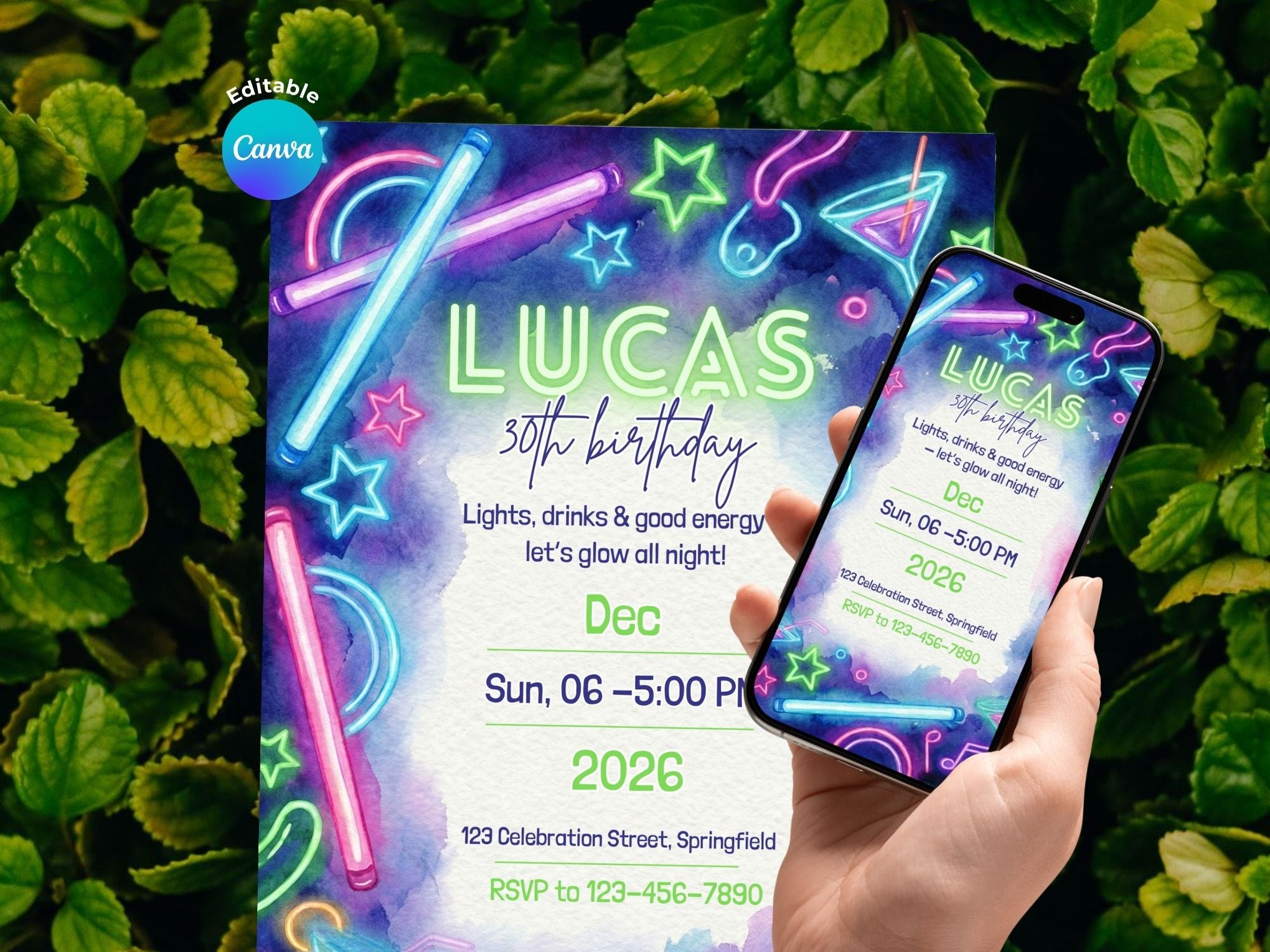 Neon Drink Party Invitation – Editable Canva Template – Share or Printable 5x7 – Instant Download