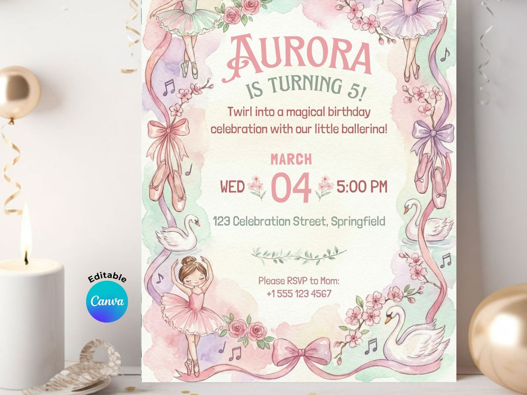 Ballerina Watercolor Invitation – Editable Canva Template – Share or Printable 5x7 – Instant Download
