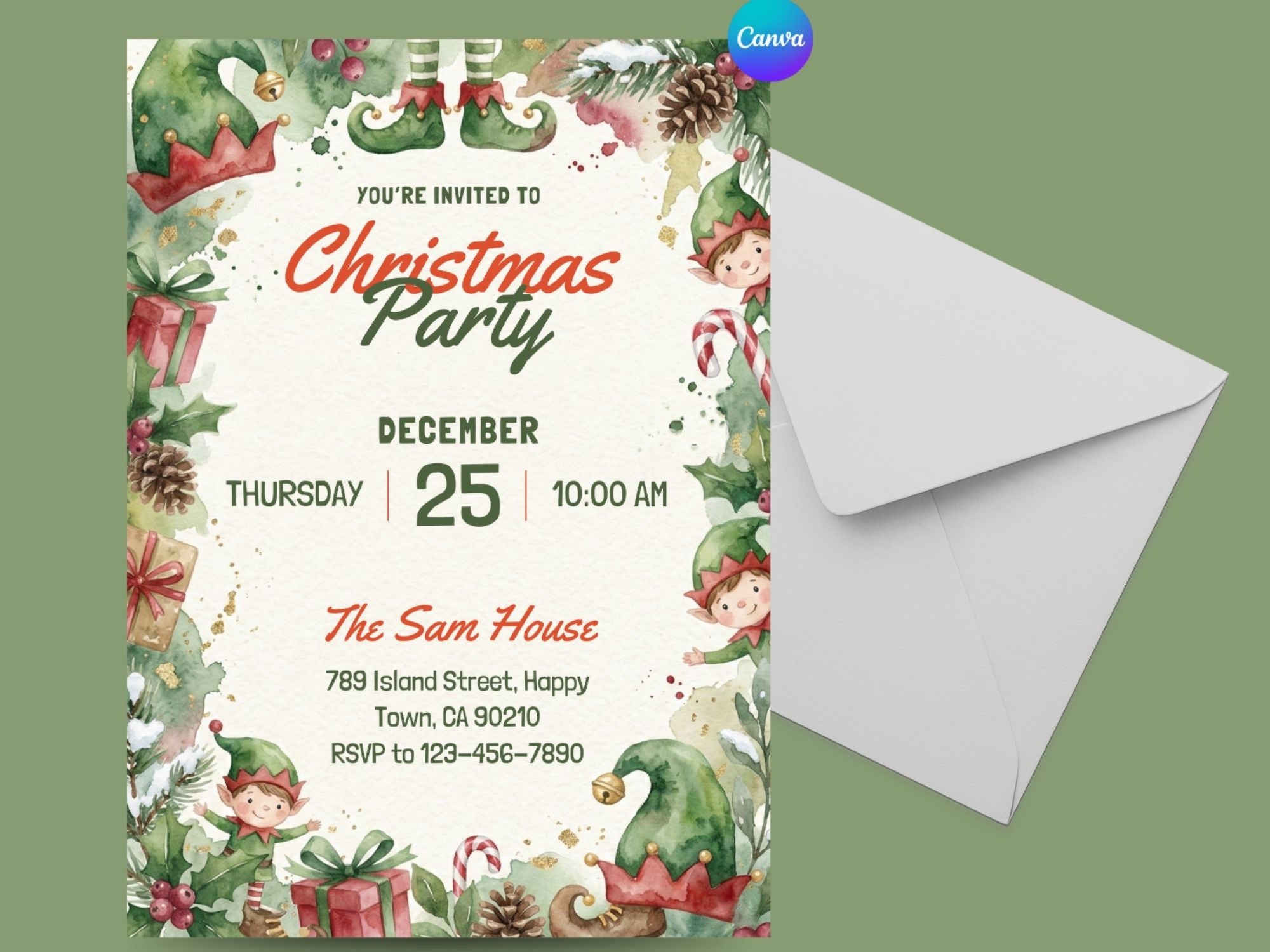 Christmas Elf Party – Editable Canva Template – Share or Printable 5x7 – Instant Download