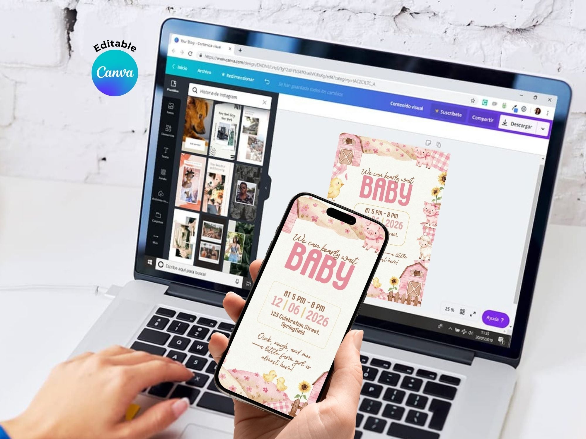 Pink Farm Baby Shower Invitation – Watercolor Plane Theme – Editable Canva Template – Share or Printable 5x7 – Instant Download