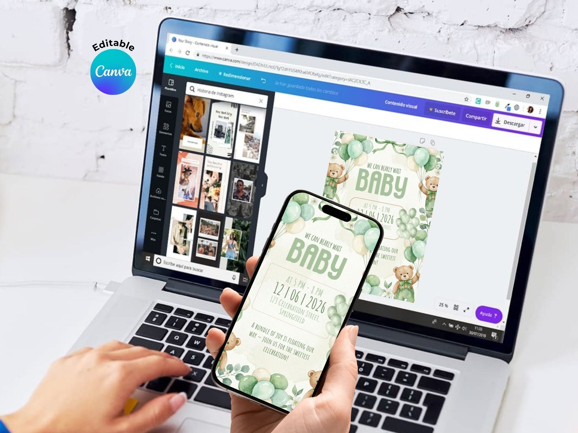 Green Balloon Bear Baby Shower Invitation – Watercolor Plane Theme – Editable Canva Template – Share or Printable 5x7 – Instant Download